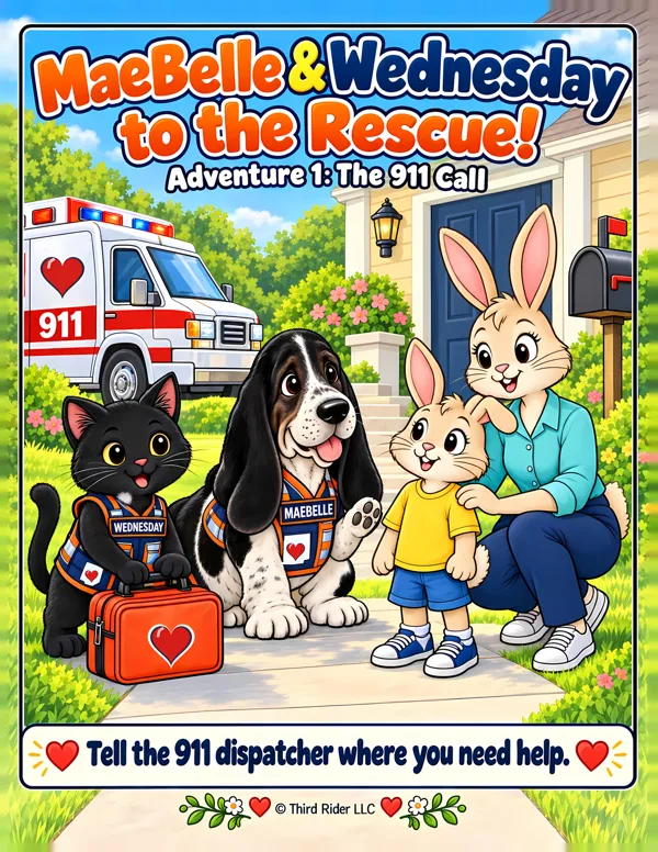 Cover of MaeBelle and Wednesday to the Rescue! Adventure 1: The 911 Call, showing a basset hound and a black kitten in EMT vests with a young rabbit and his mom.